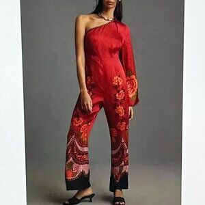 FARM Rio One-Shoulder Red Floral Jumpsuit with Asymmetric Sleeve